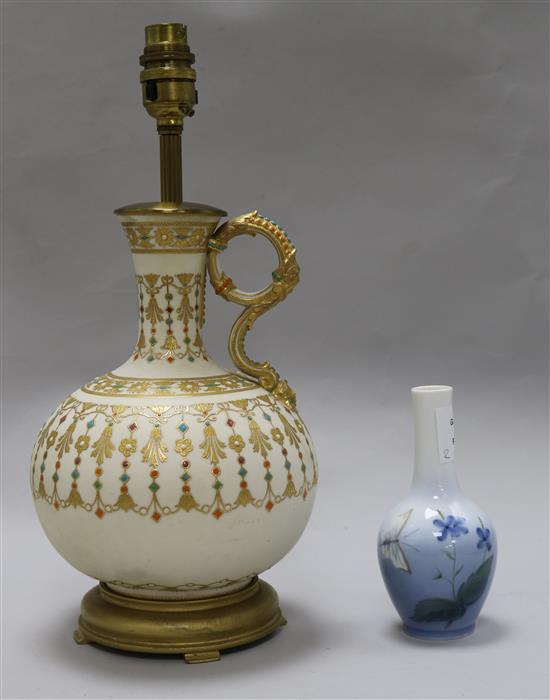 A Worcester? gilt blush porcelain table lamp and a Royal Copenhagen vase